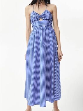 Blue Striped Spaghetti Strap Midi Dress